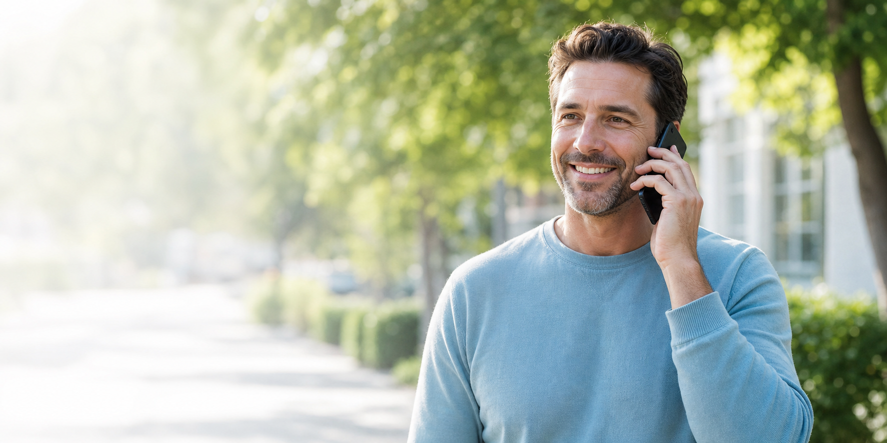 Patient smiling outdoors while talking on the phone after scheduling care
